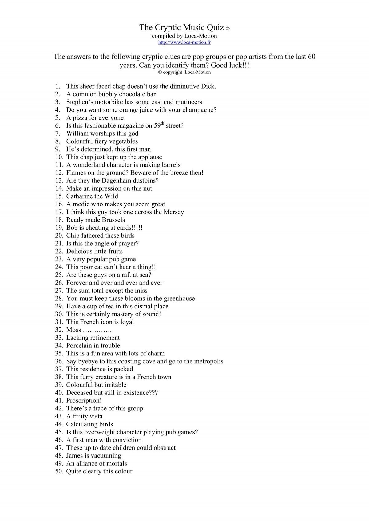 The Cryptic Music Quiz Loca Motion Mobile Music Service