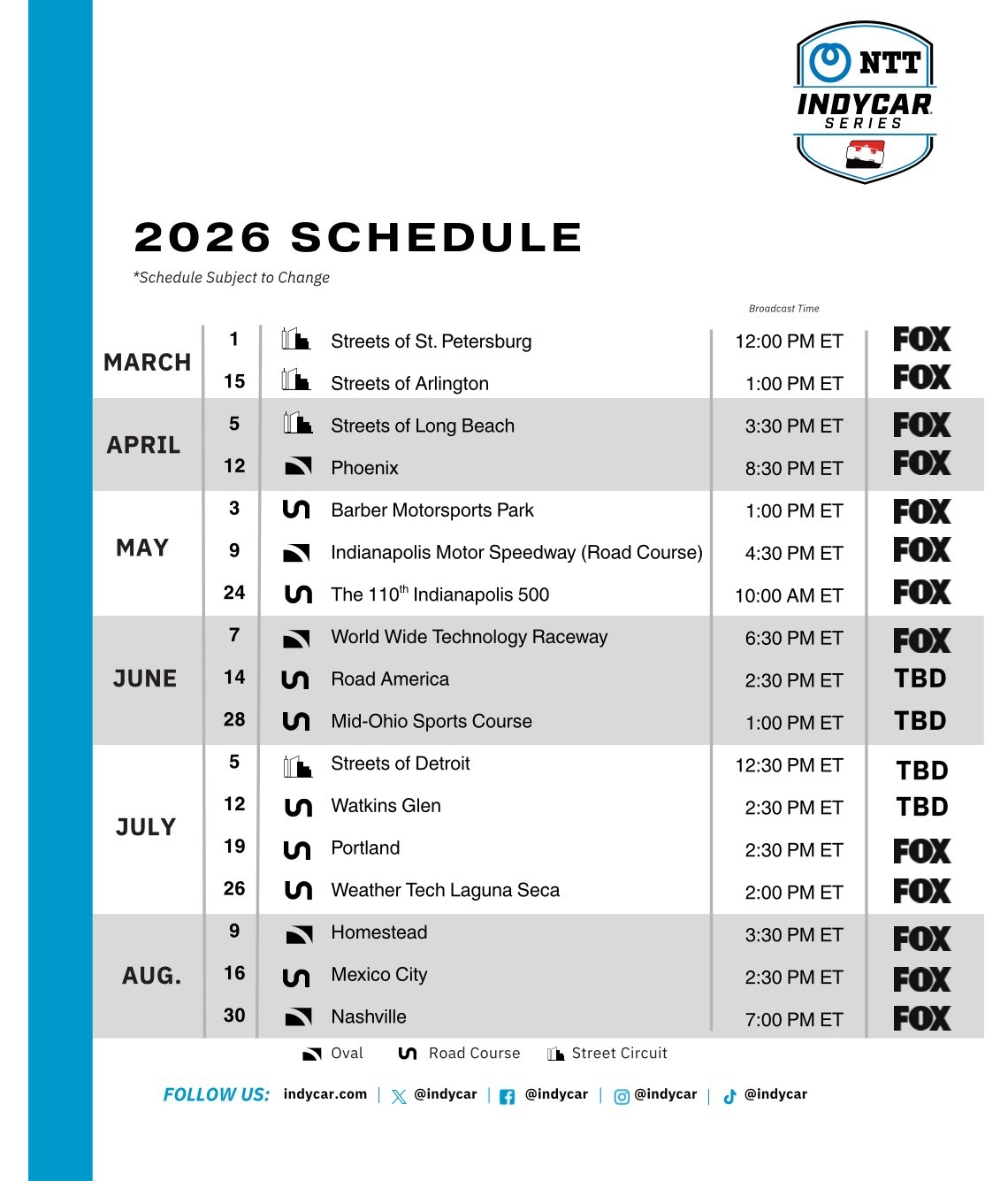 The Daily Downfords On X IndyCar Released Its Preliminary 2026 Schedule To Race Teams This Morning The Official Schedule Is Expected To Be Released To The Public By IndyCar Next Week Https t co CPn1bPKREX 