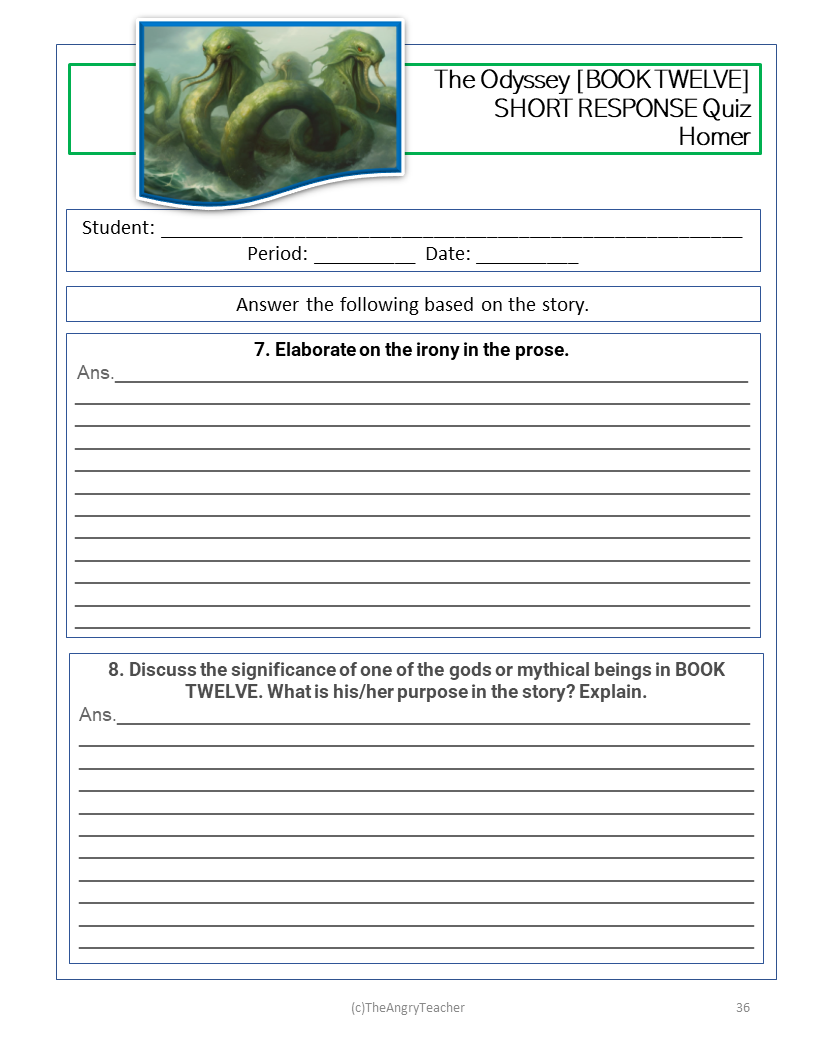 Odysseus Reading Quiz Printable