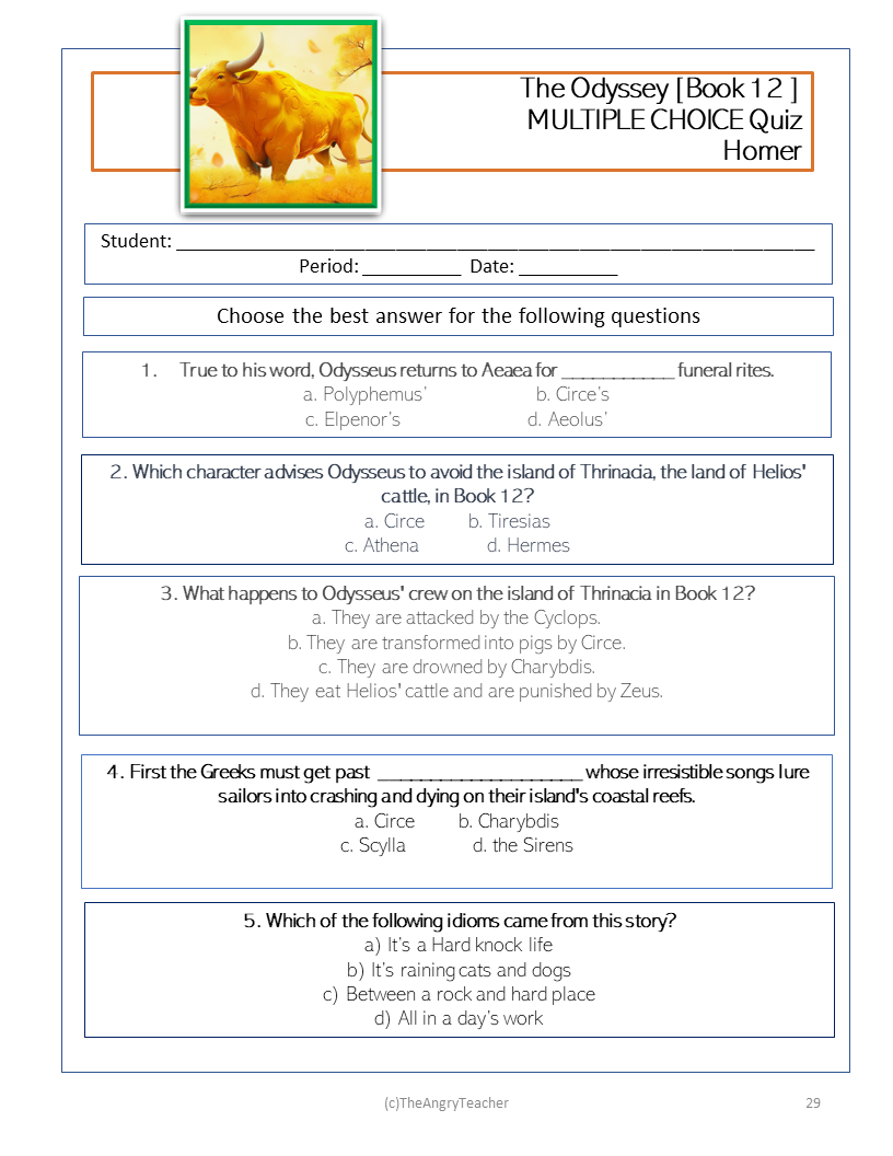 THE ODYSSEY BOOK TWELVE WORKSHEETS ACTIVITIES Classful