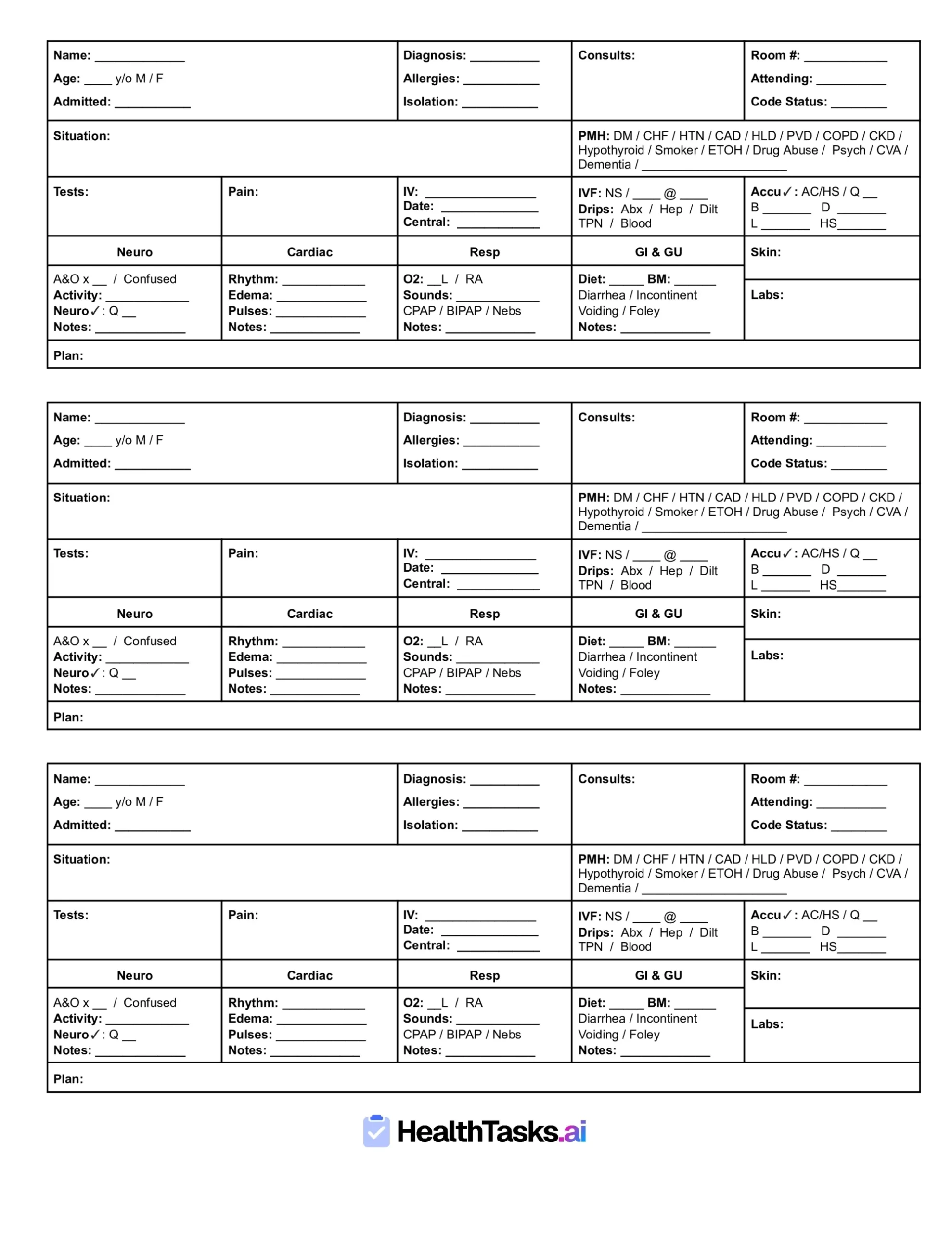Printable Report Sheets For Nurses