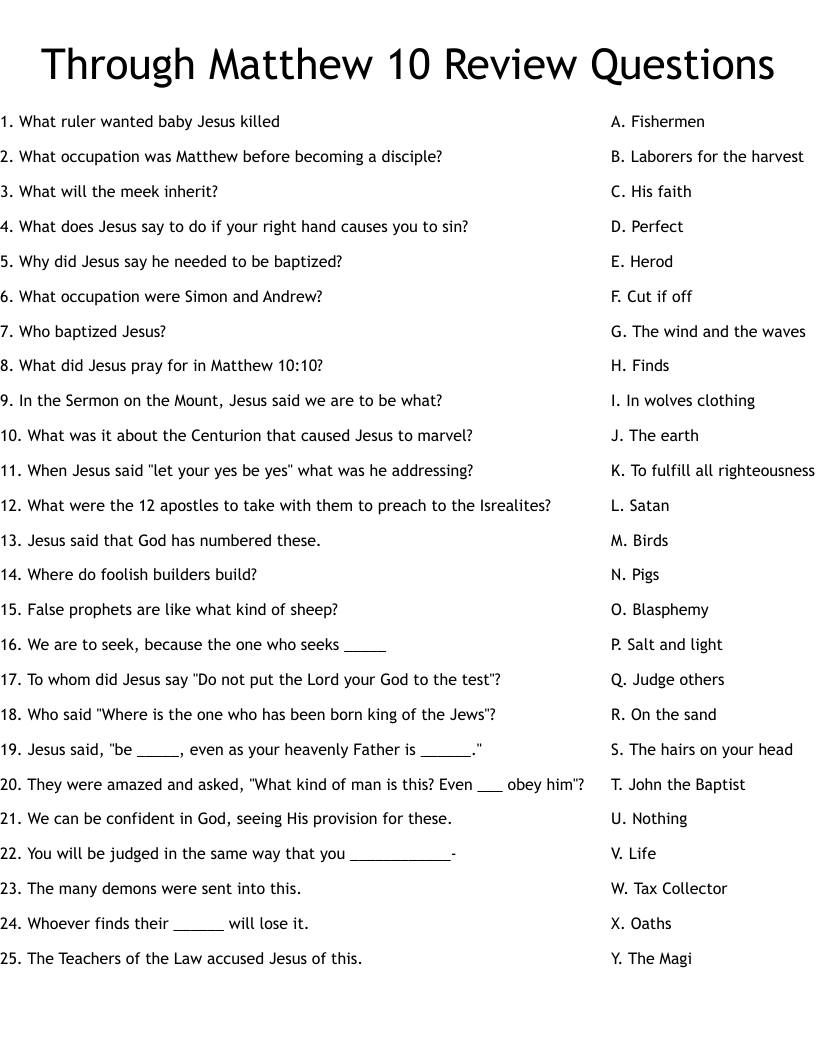 Through Matthew 10 Review Questions Worksheet WordMint