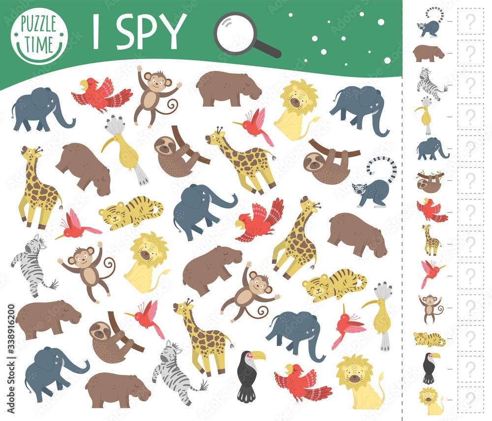 Tropical I Spy Game For Kids Exotic Searching And Counting Activity For Preschool Children With Cute Animals Funny Jungle Game For Kids Logical Quiz Printable Worksheet Simple Summer Game Stock Vector 