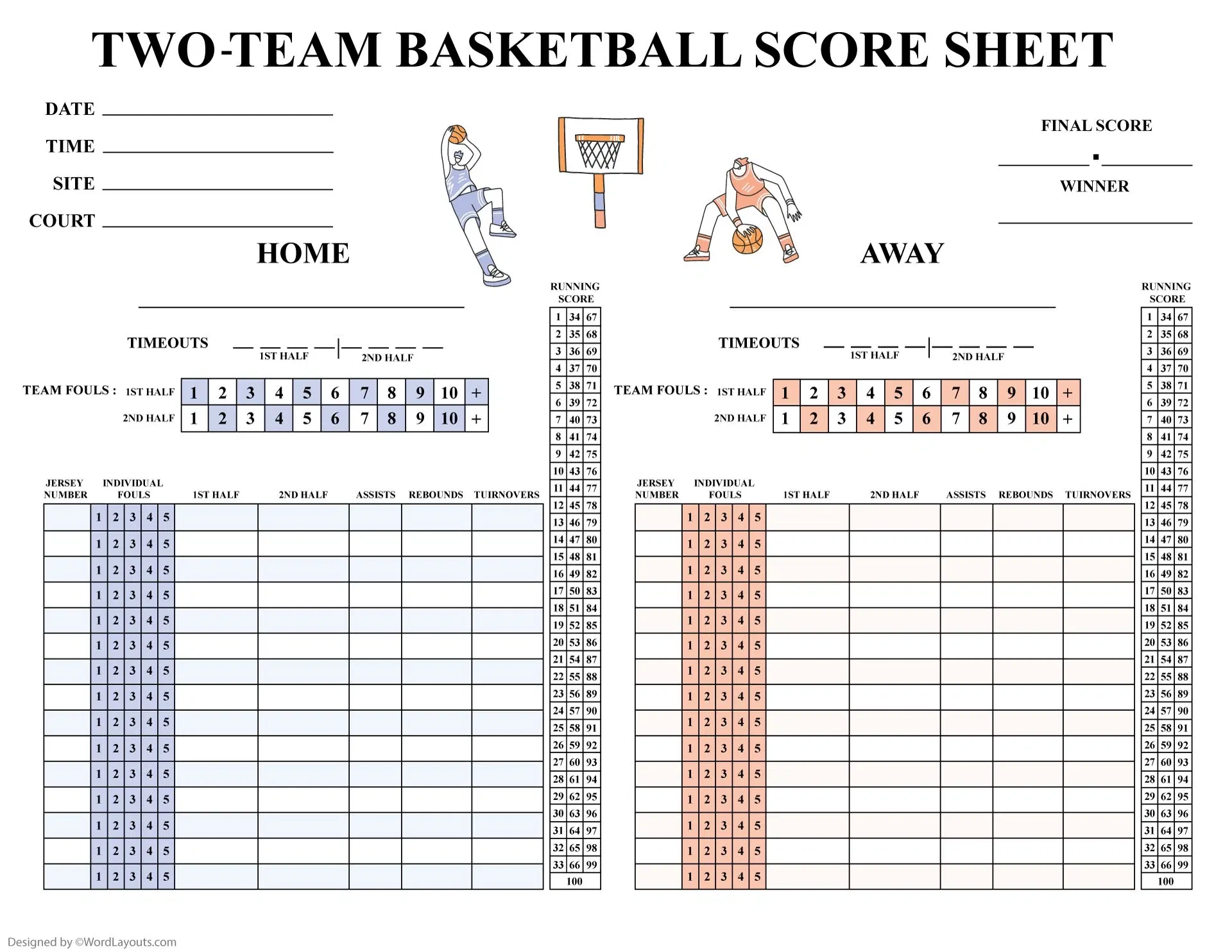 Two Teams Basketball Score Sheet Template WordLayouts Two Teams Basketball Score Sheet Template WordLayouts