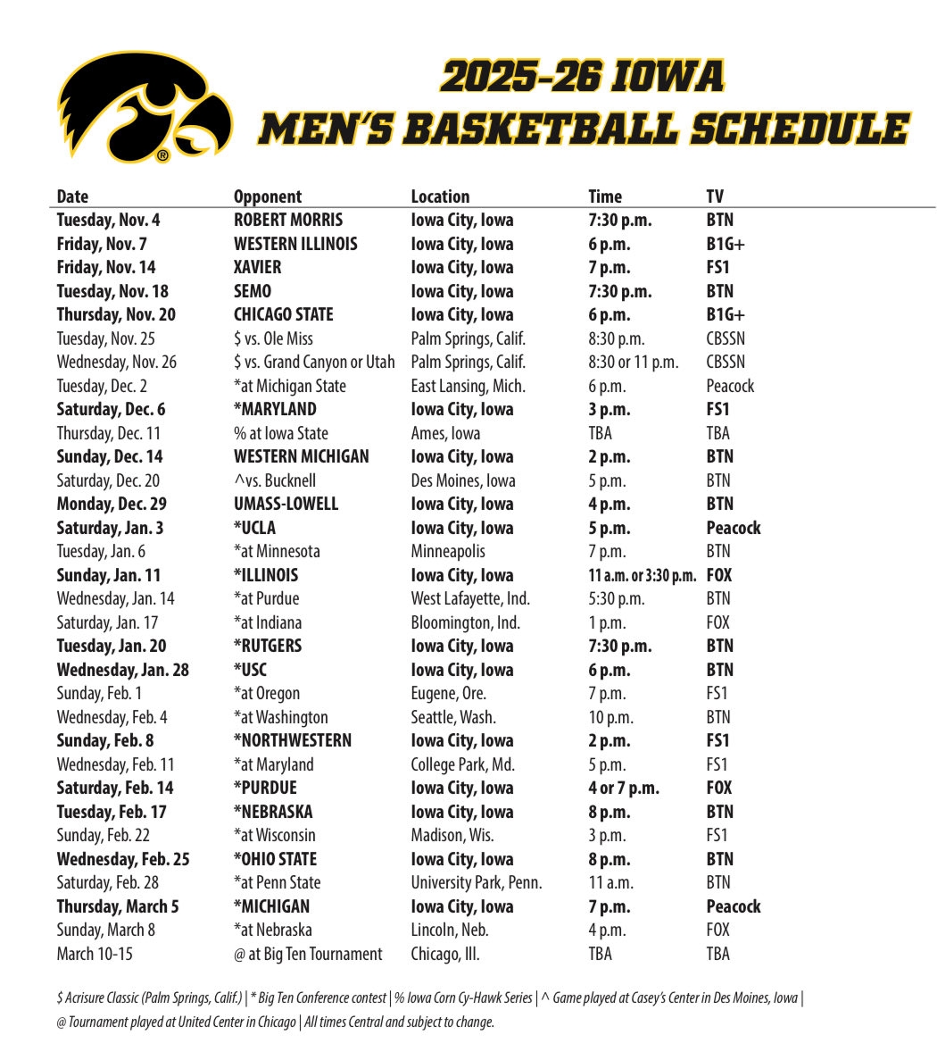 Tyler Tachman On X Iowa Men s Basketball Start Times And Broadcast Designations For The 2025 26 Season Https t co QDQpGkNPfK X