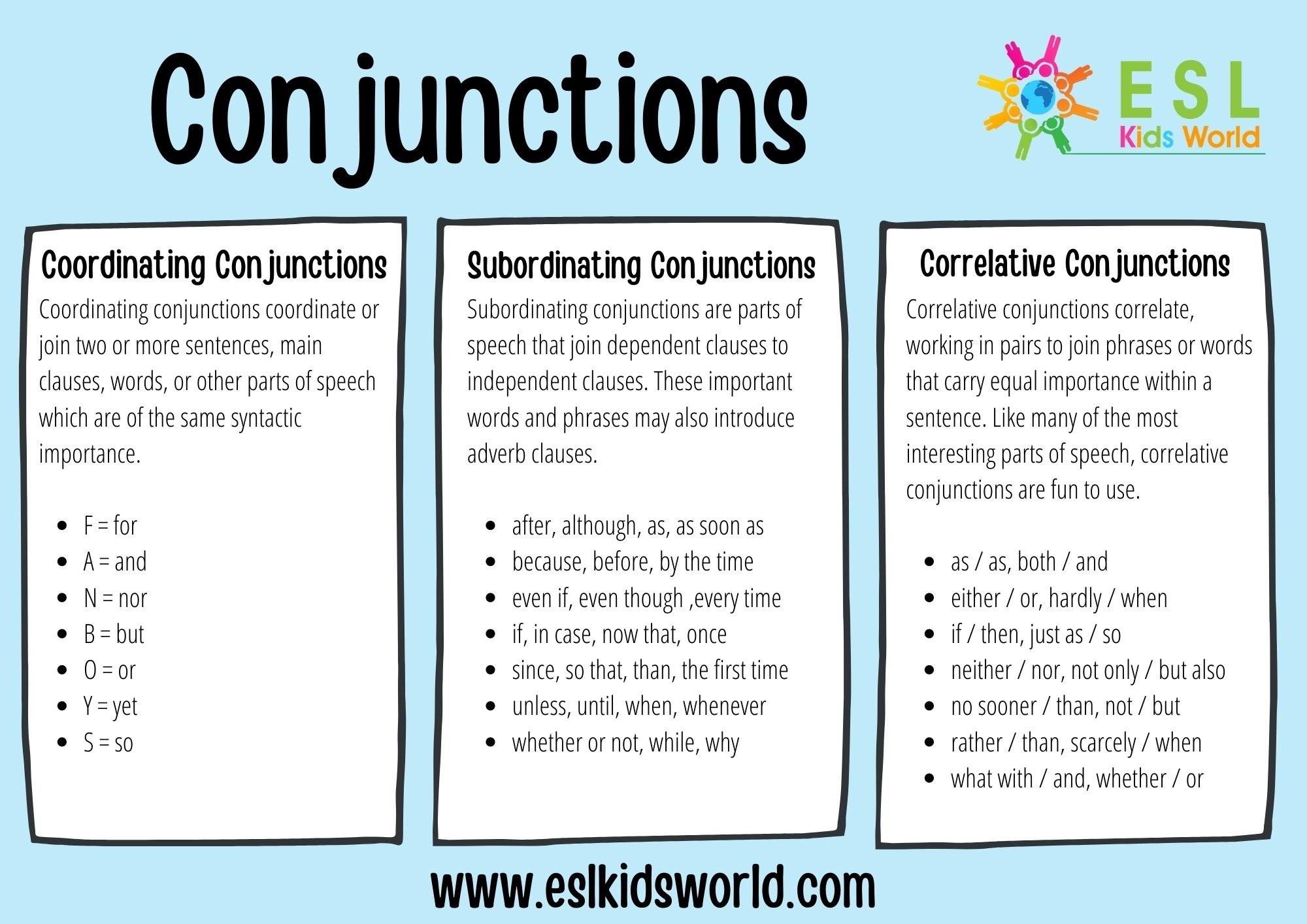 List Of Conjunctions Printable