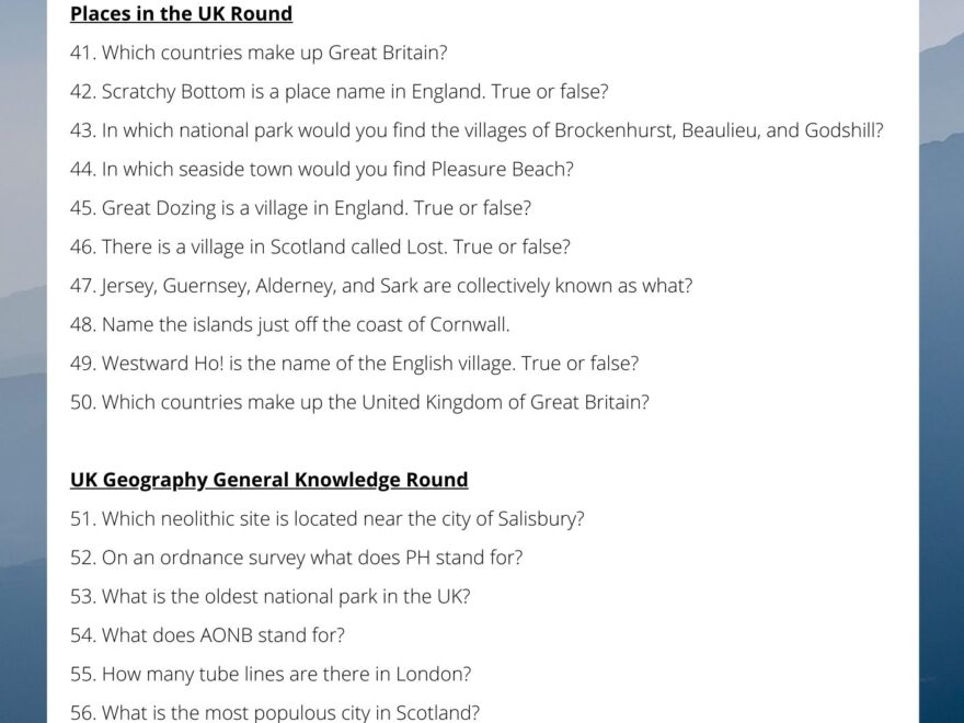UK Geography Quiz 100 British Trivia Questions Inc Picture Quiz