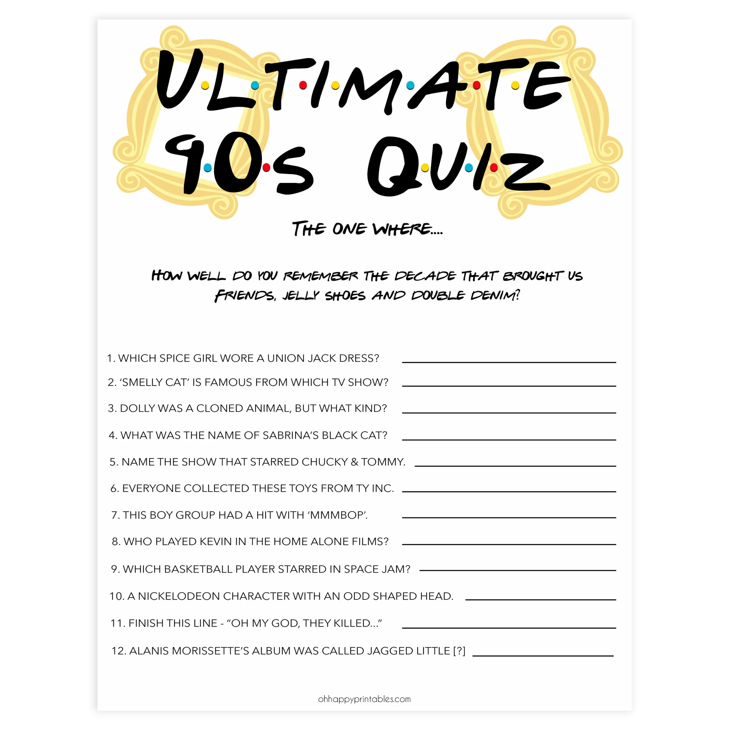 Ultimate 90s Quiz Bachelorette Game Shop Printable Bridal Games OhHappyPrintables