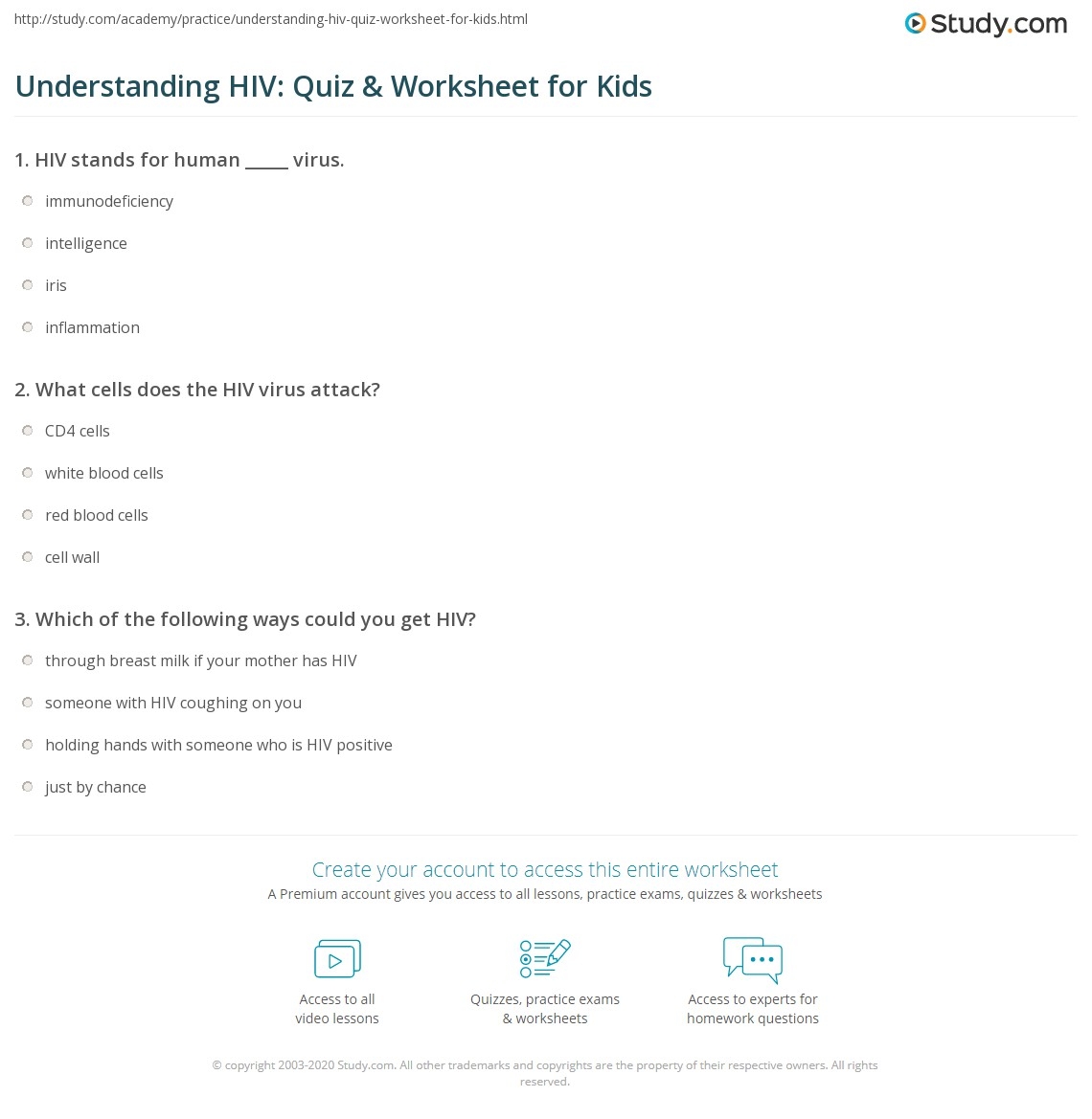 Understanding HIV Quiz Worksheet For Kids Study Understanding HIV Quiz Worksheet For Kids Study