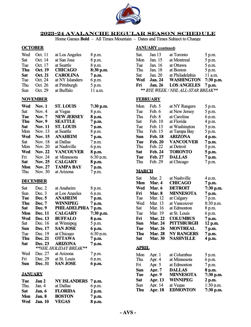Unpacking The 2023 24 Colorado Avalanche Schedule Mile High Hockey