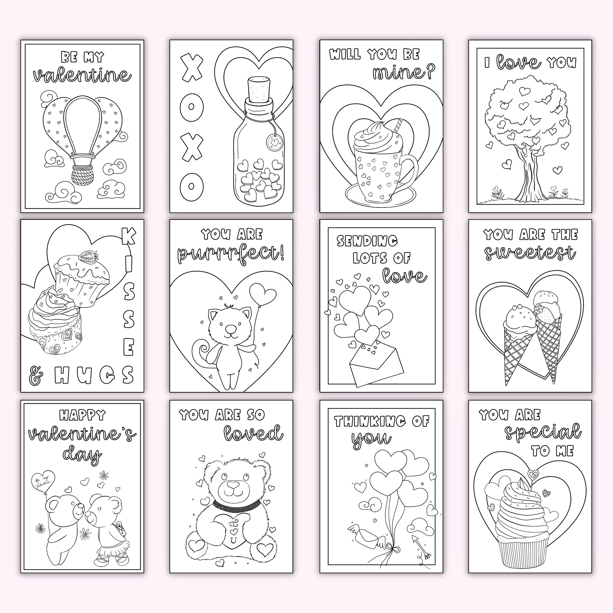 Valentine s Day Coloring Cards Set Of 12 Printables By The Craft at Home Family