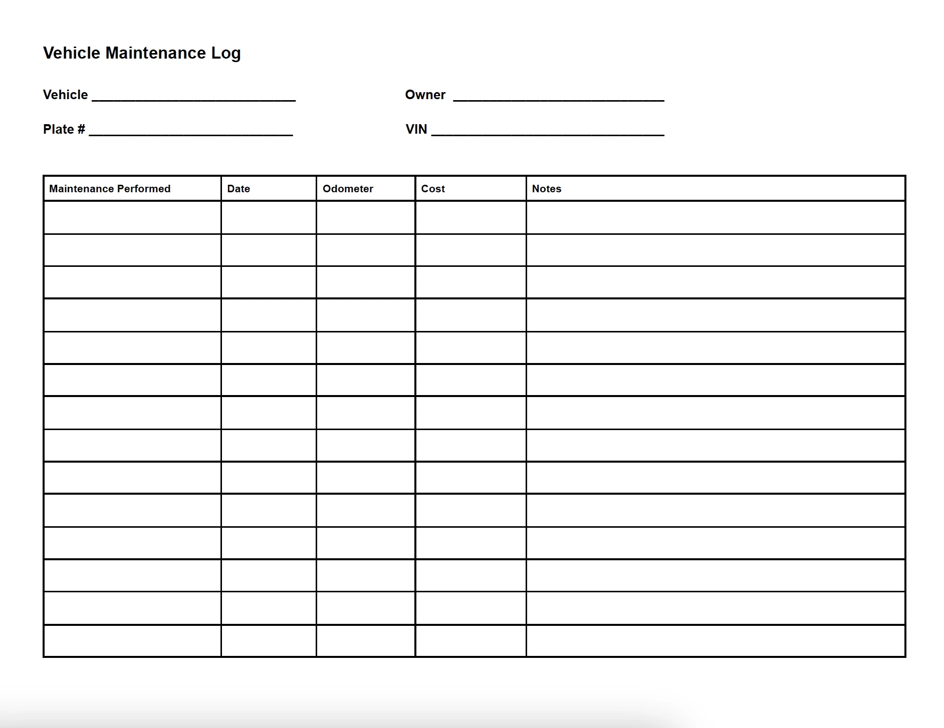 Printable Maintenance Log Sheet