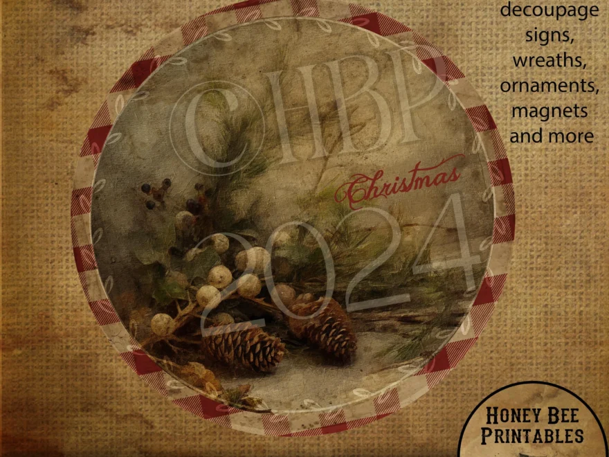 Vintage Instant Download Printable Decoupage Vintage Round Sign Design For Wreath Christmas Pine Cones Pine Branches Use For Ornaments Etsy