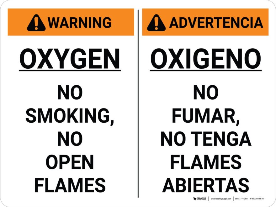 Warning Oxygen No Smoking No Open Flames Bilingual Spanish Landscape Wall Sign