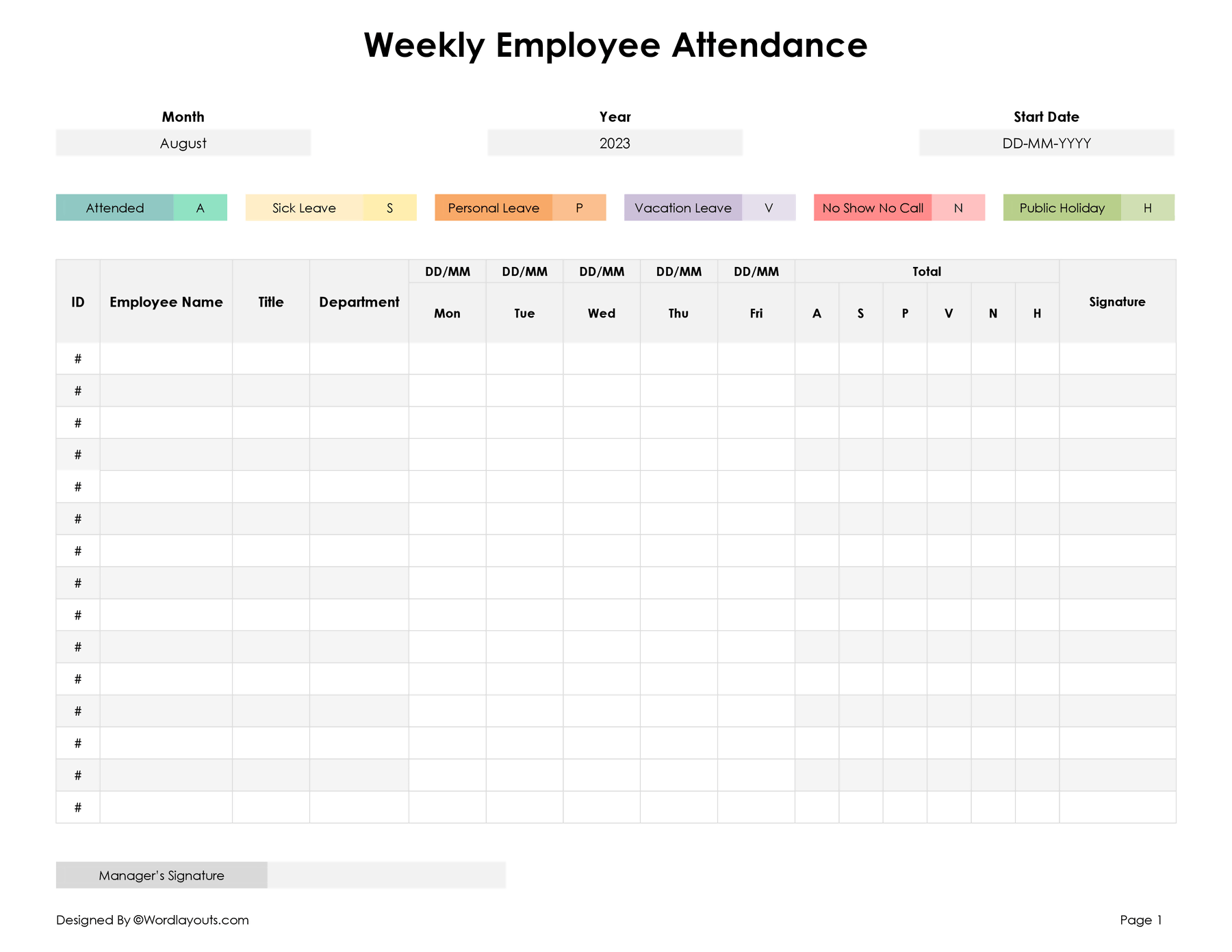 5 Day Attendence Charts Printables