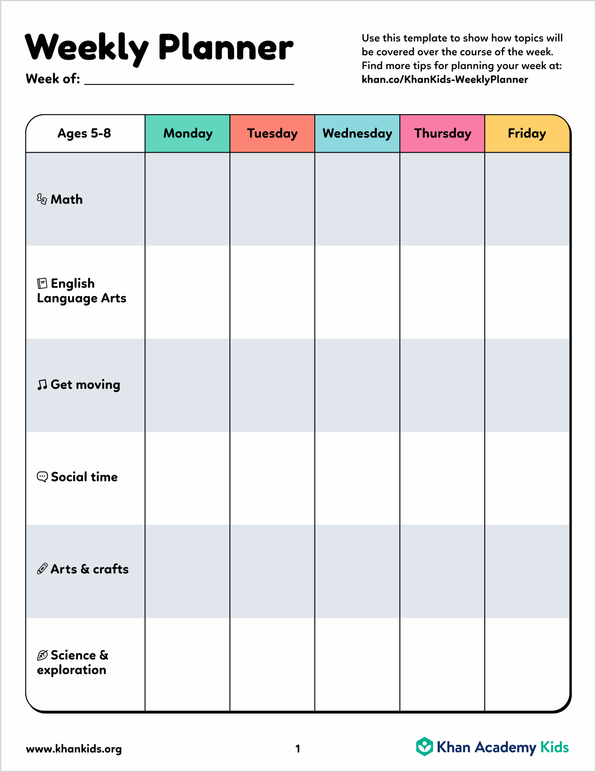 Weekly Planners For Ages 2 8 Khan Academy Weekly Planners For Ages 2 8 Khan Academy