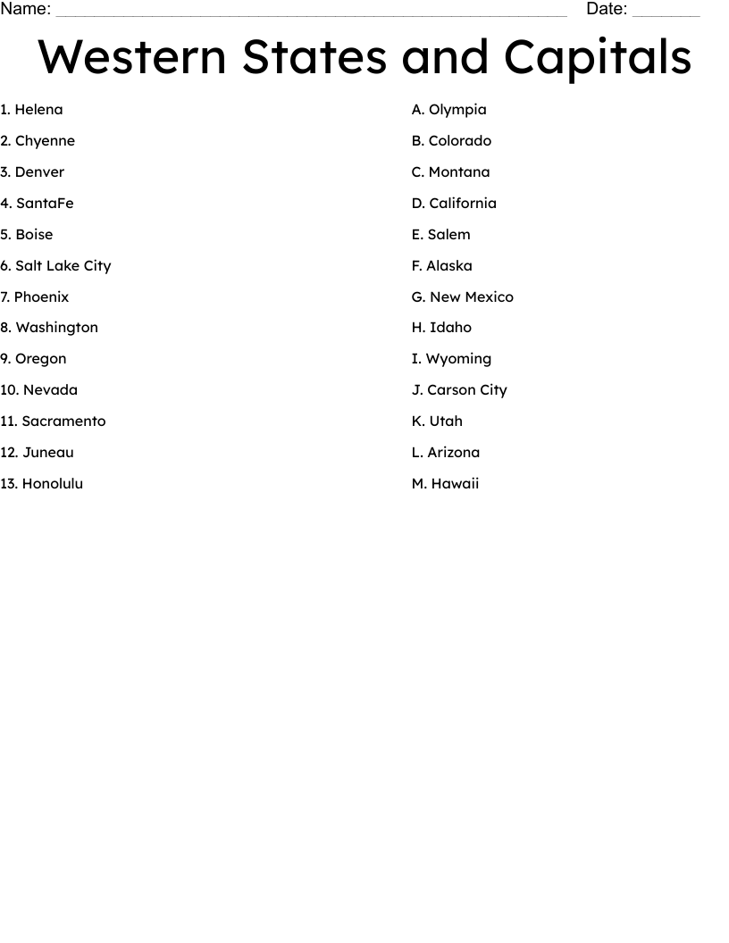 Free States And Capitals Quiz Printable