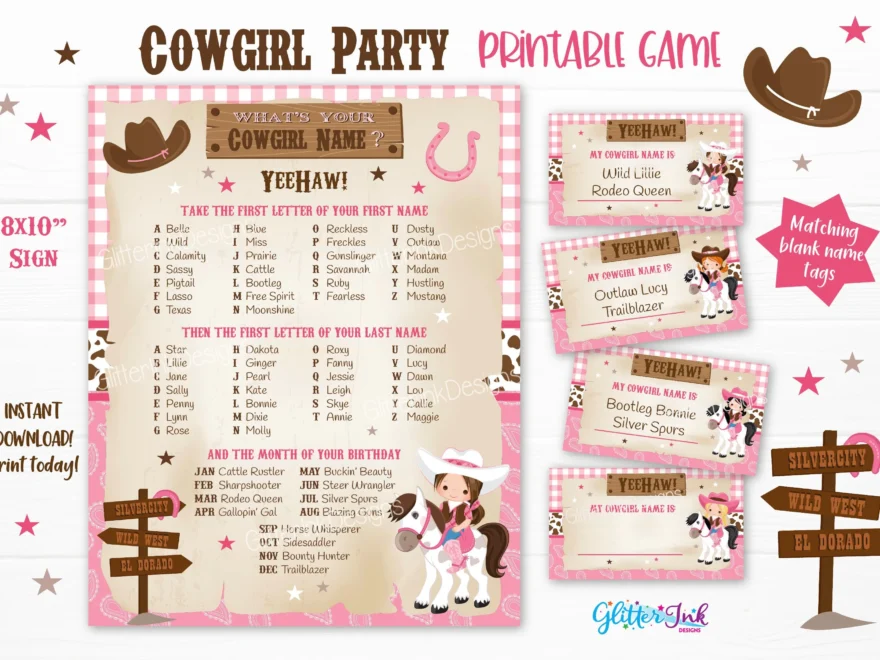 What s Your Cowgirl Name Printable Party Game Wild West Rodeo Birthday Nickname Generator Sign With Name Tags And Cards Etsy