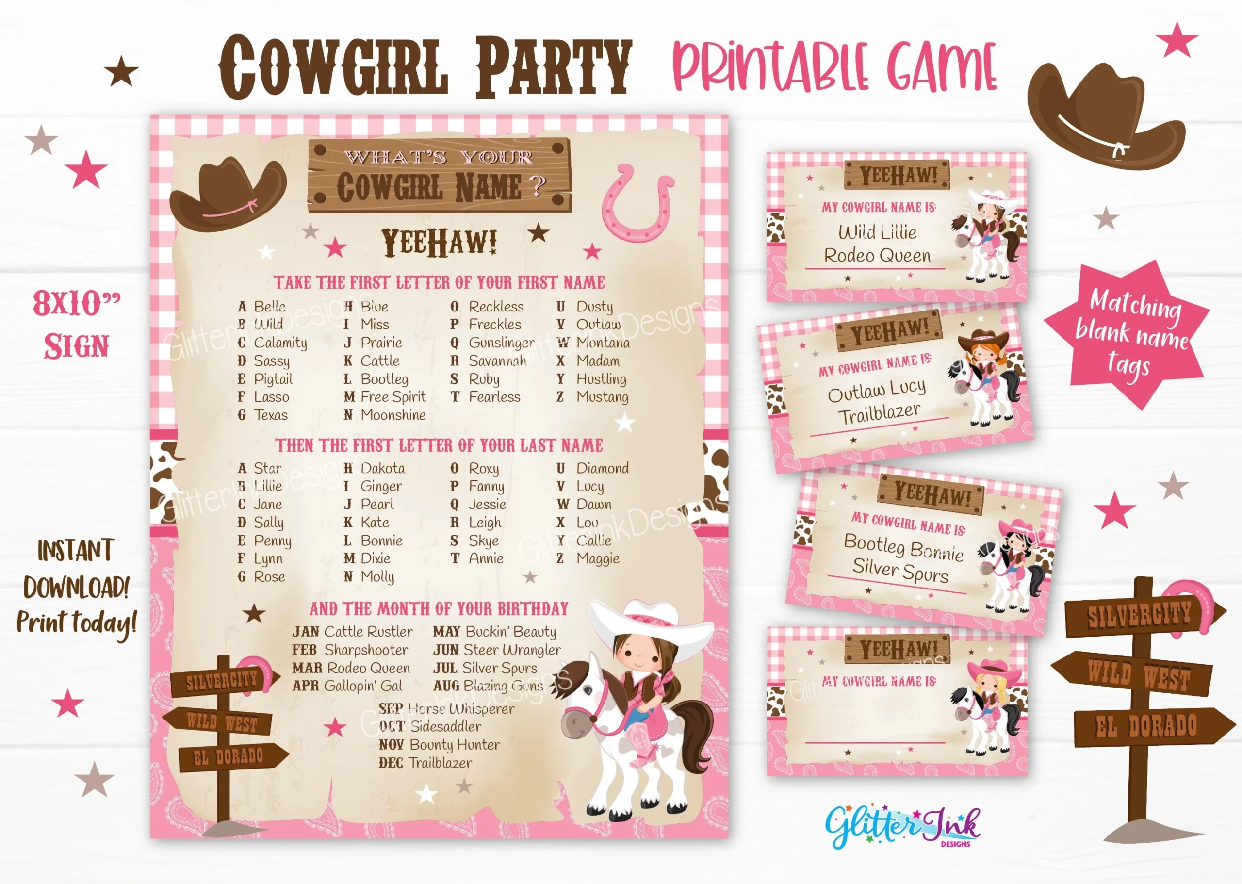 What s Your Cowgirl Name Printable Party Game Wild West Rodeo Birthday Nickname Generator Sign With Name Tags And Cards Etsy