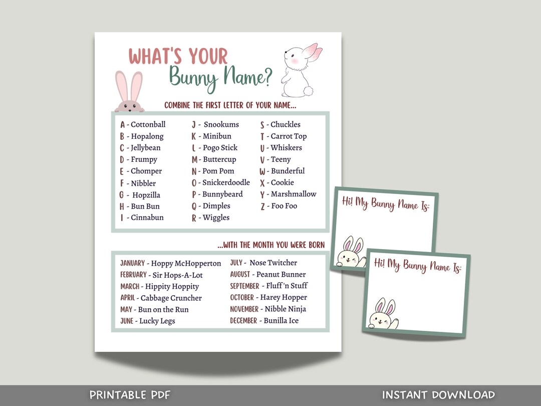 Whats Your Bunny Name Printable Easter Bunny Name Game Easter Party Games Easter Activities Adults And Kids Spring Games Classroom Game Etsy Whats Your Bunny Name Printable Easter Bunny Name Game Easter Party Games Easter Activities Adults And Kids Spring Games Classroom Game Etsy