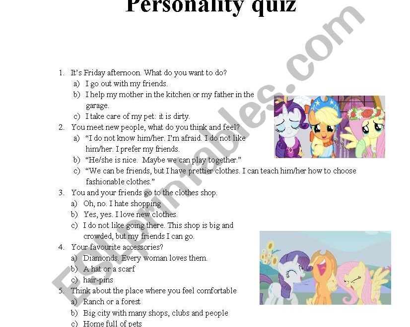 Which My Little Pony s Character Are You Personality Quiz ESL Worksheet By Szwedama