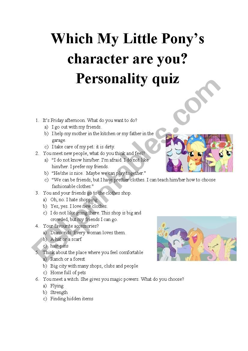 Which My Little Pony s Character Are You Personality Quiz ESL Worksheet By Szwedama