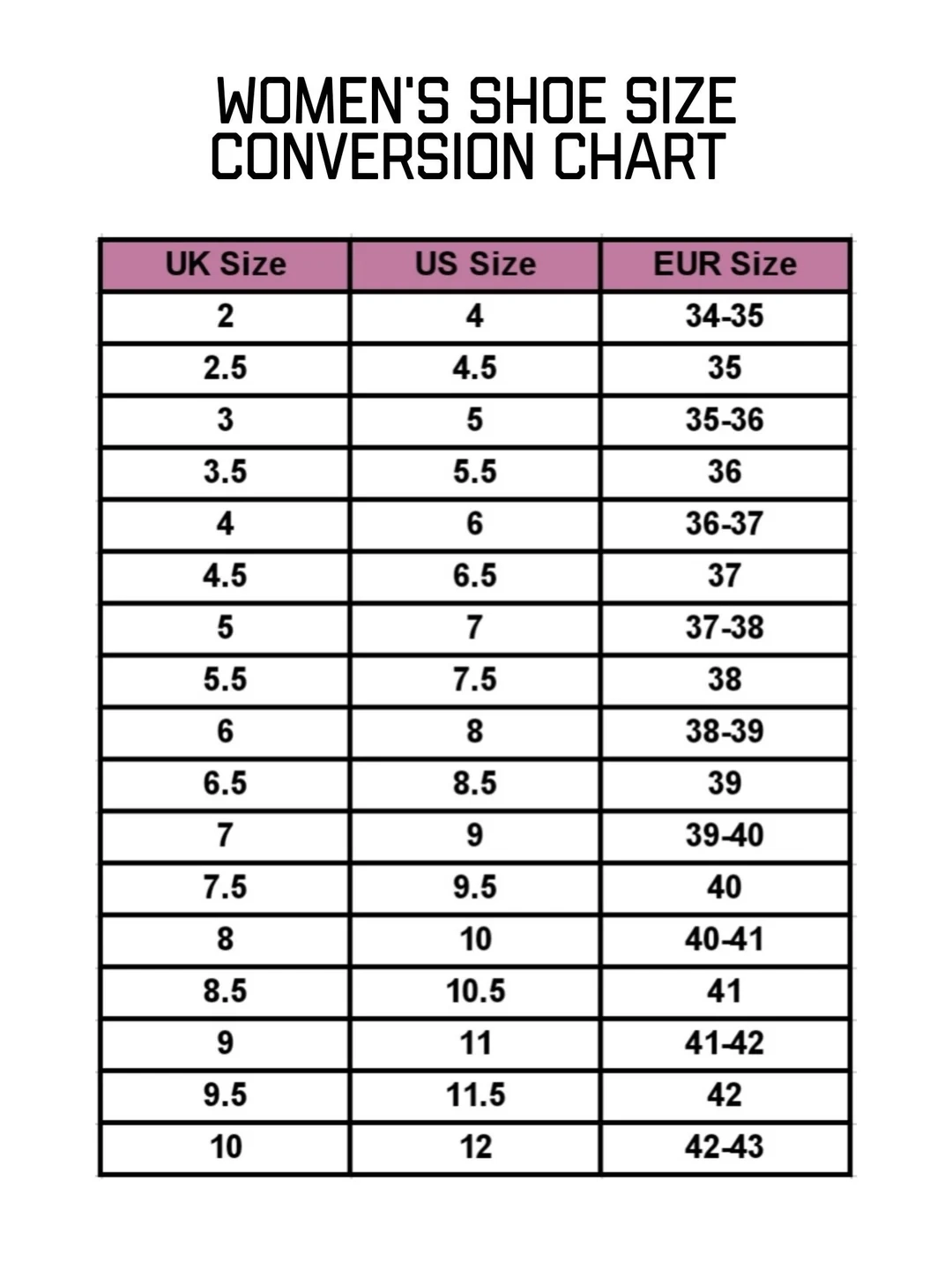 Women s Shoe Size Conversion Chart UK US EUR digital Download Etsy