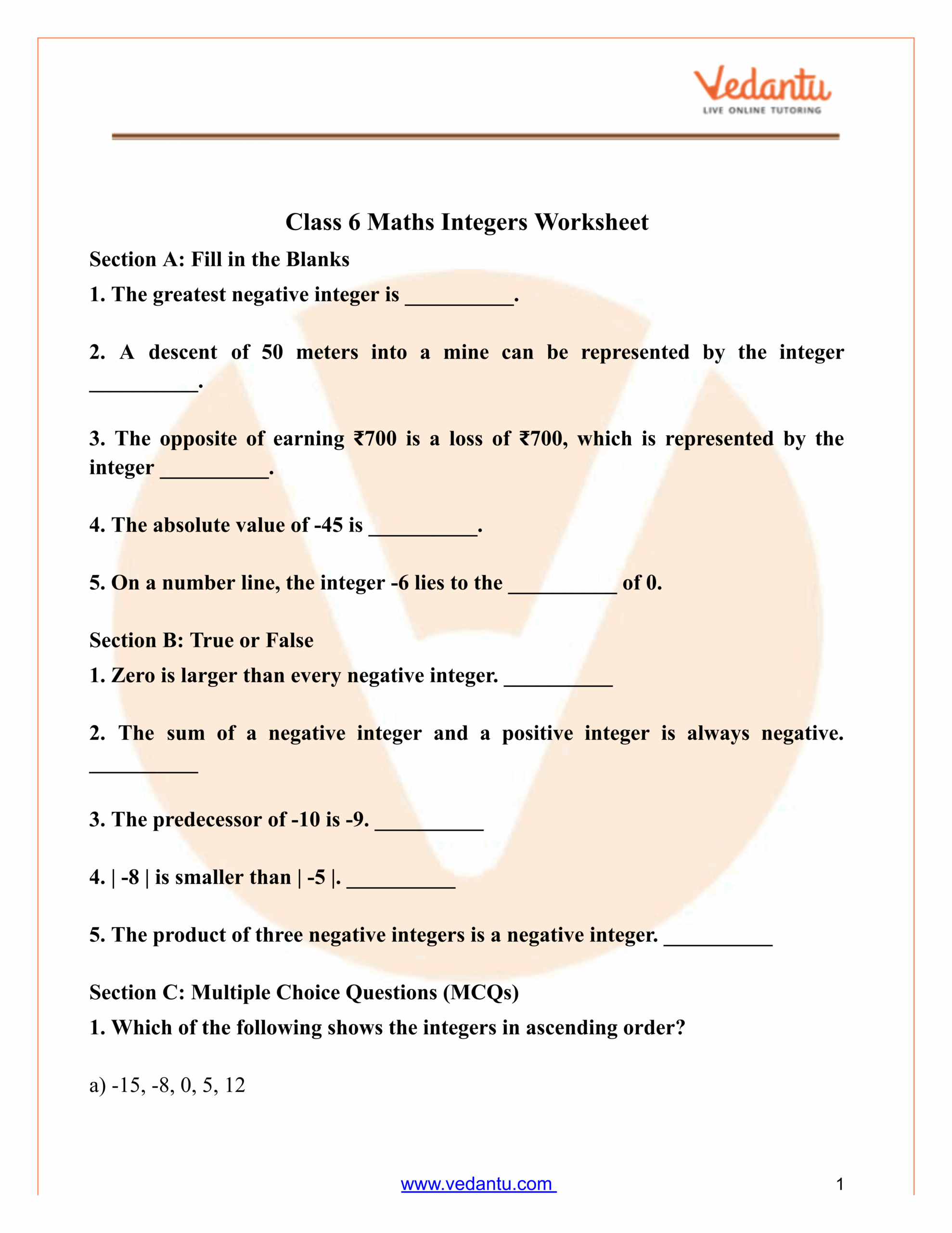 Worksheet On Integers For Class 6 With Answers Pdf Free With Answers