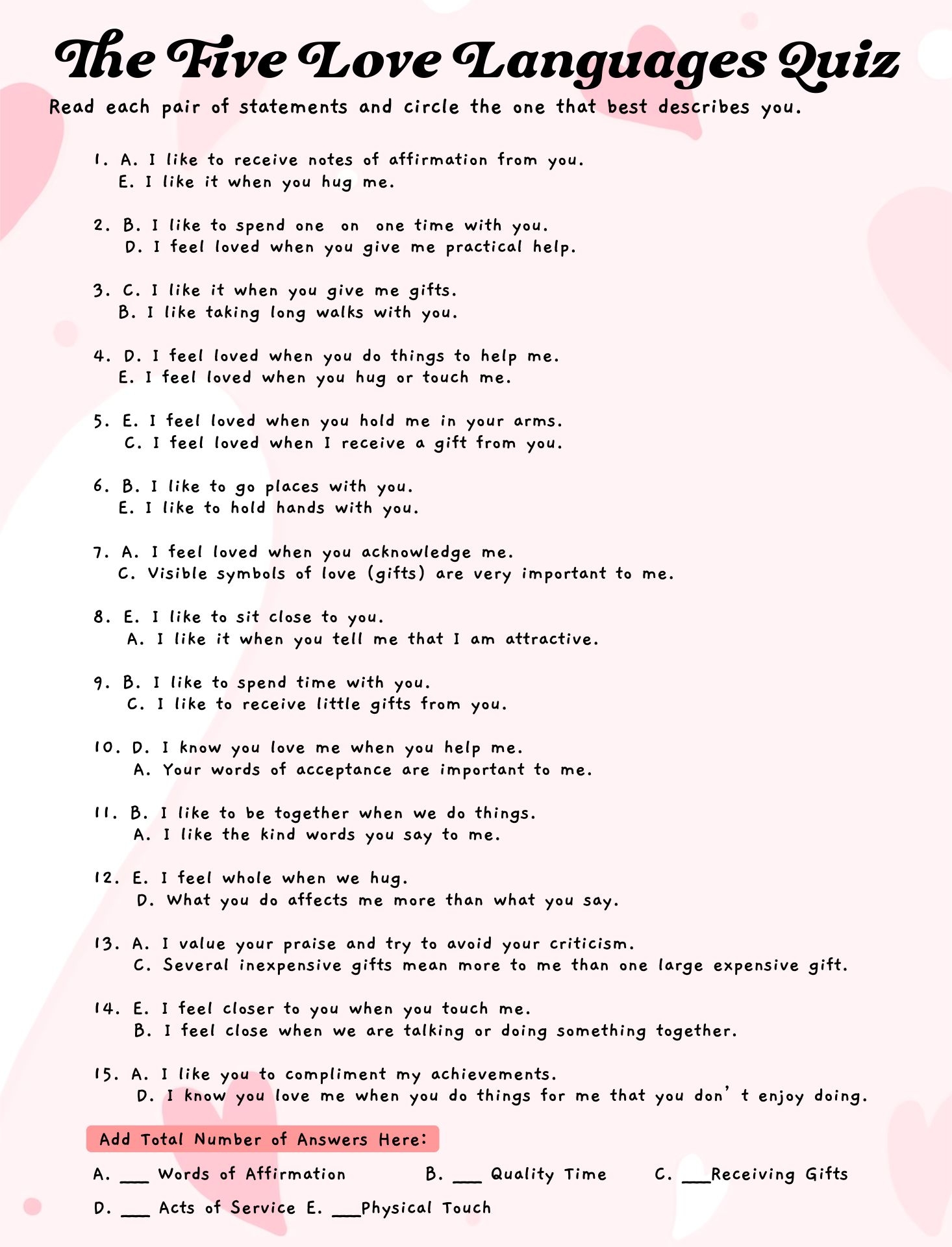 5 Languages Of Love Quiz Printable