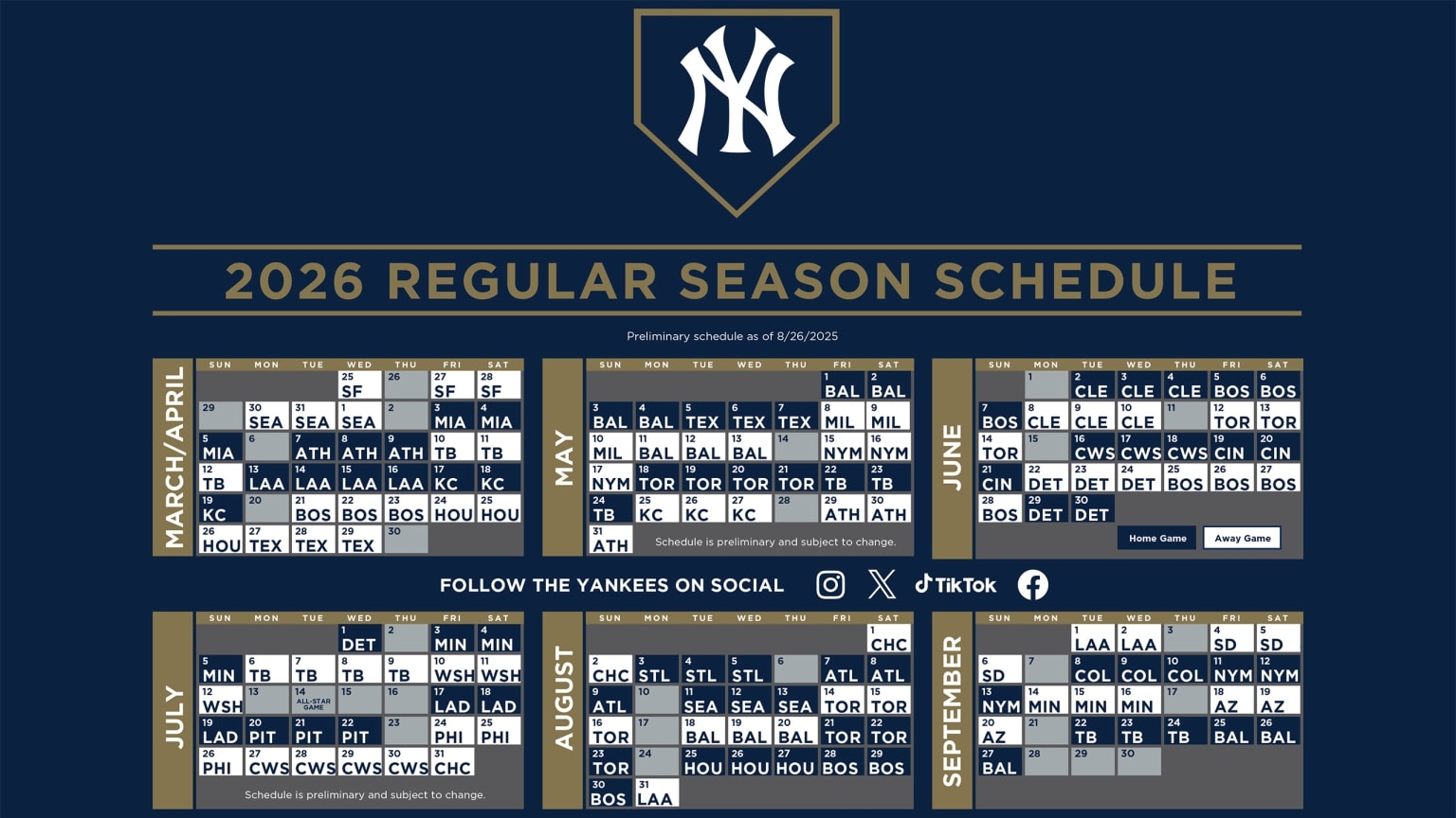 2026 Yankees Printable Schedule