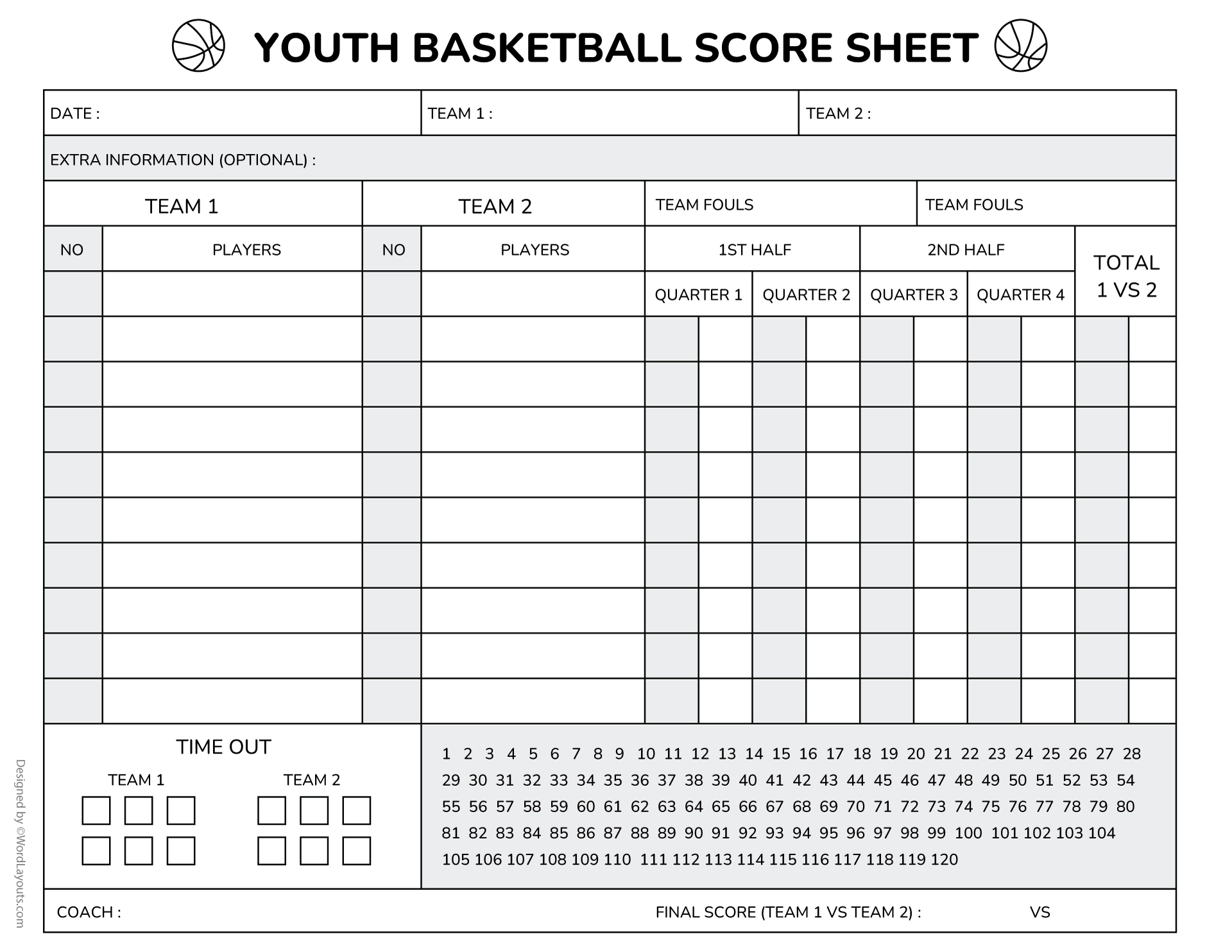 Youth Basketball Score Sheet Template WordLayouts